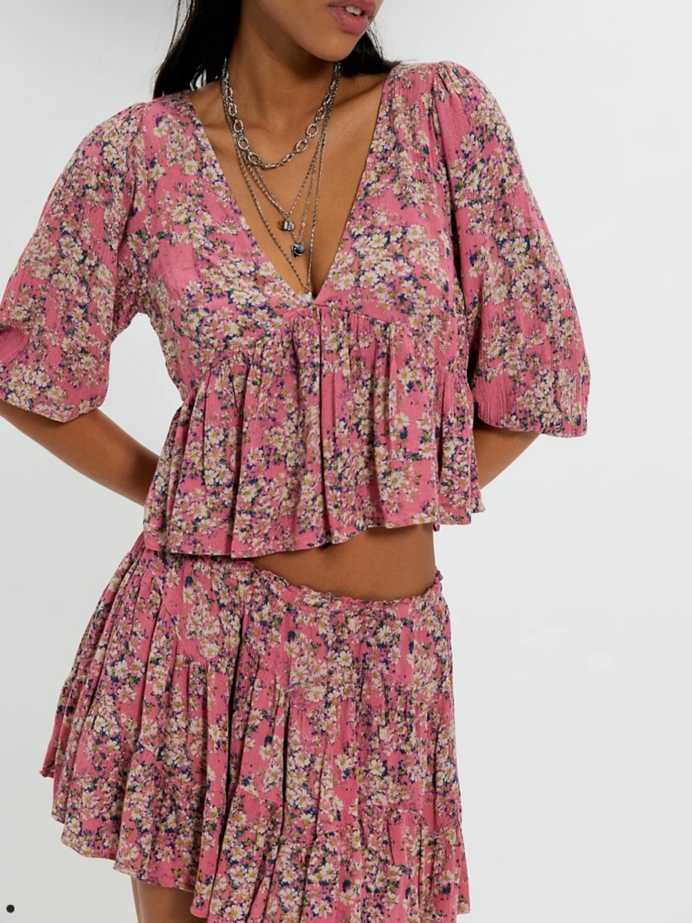 free people pink floral calla lily floral mini skirt set